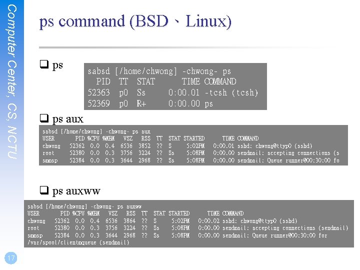 Computer Center, CS, NCTU ps command (BSD、Linux) q ps sabsd [/home/chwong] -chwong- ps PID