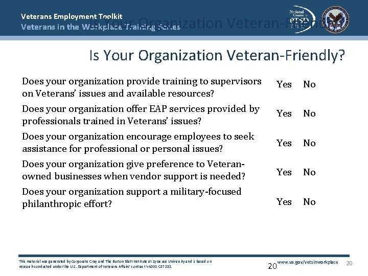 Veterans Employment Toolkit Is Your Organization Veteran-Friendly? Veterans in the Workplace Training Series Is