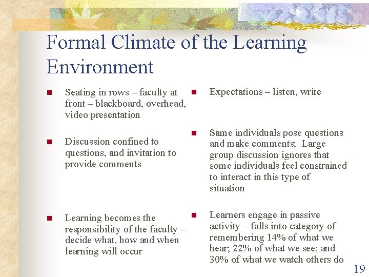 Formal Climate of the Learning Environment n Seating in rows – faculty at front