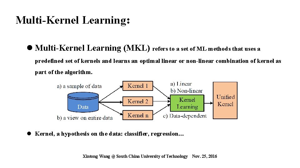 Multi-Kernel Learning: l Multi-Kernel Learning (MKL) refers to a set of ML methods that