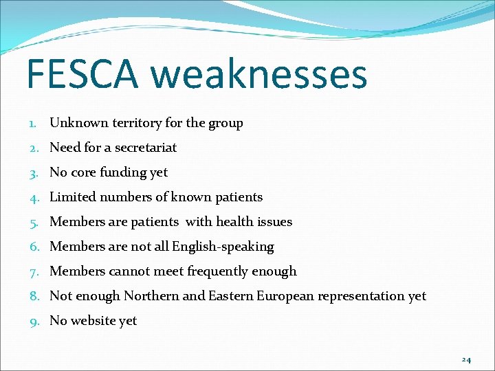 FESCA weaknesses 1. Unknown territory for the group 2. Need for a secretariat 3.