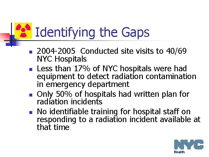 Identifying the Gaps n n 2004 -2005 Conducted site visits to 40/69 NYC Hospitals