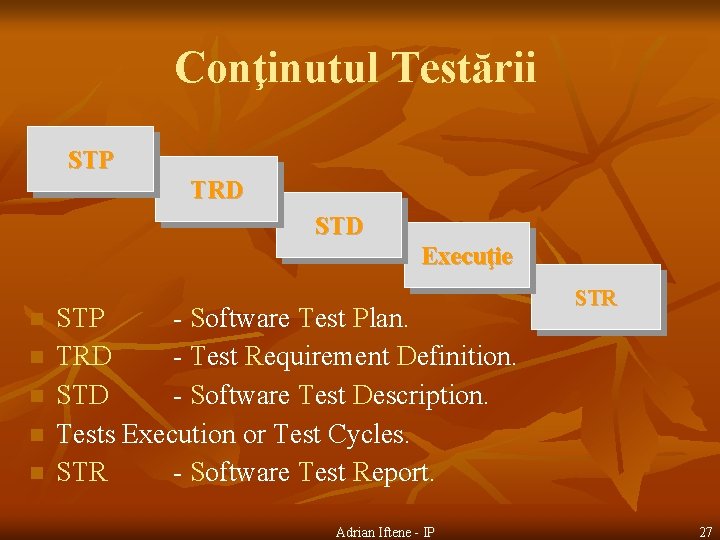 Conţinutul Testării STP TRD STD Execuţie n n n STP - Software Test Plan.