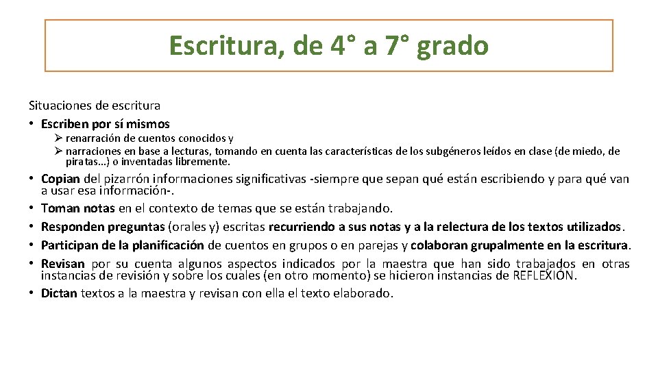Escritura, de 4° a 7° grado Situaciones de escritura • Escriben por sí mismos