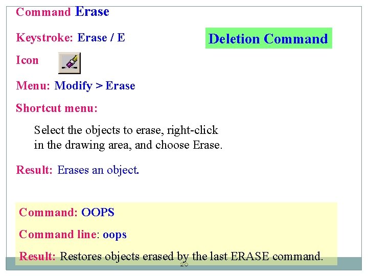 Command Erase Keystroke: Erase / E Deletion Command Icon Menu: Modify > Erase Shortcut