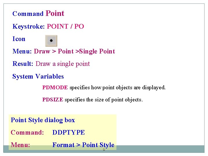 Command Point Keystroke: POINT / PO Icon Menu: Draw > Point >Single Point Result: