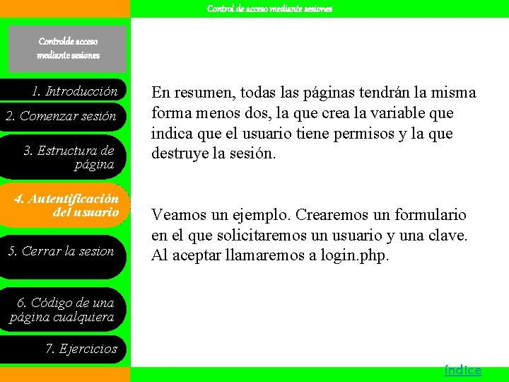 Control de acceso mediante sesiones Controlde acceso mediante sesiones 1. Introducción 2. Comenzar sesión