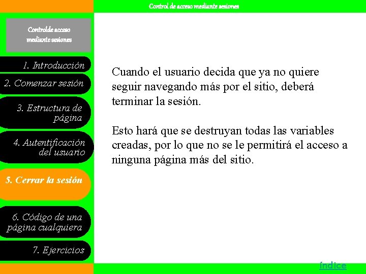 Control de acceso mediante sesiones Controlde acceso mediante sesiones 1. Introducción 2. Comenzar sesión