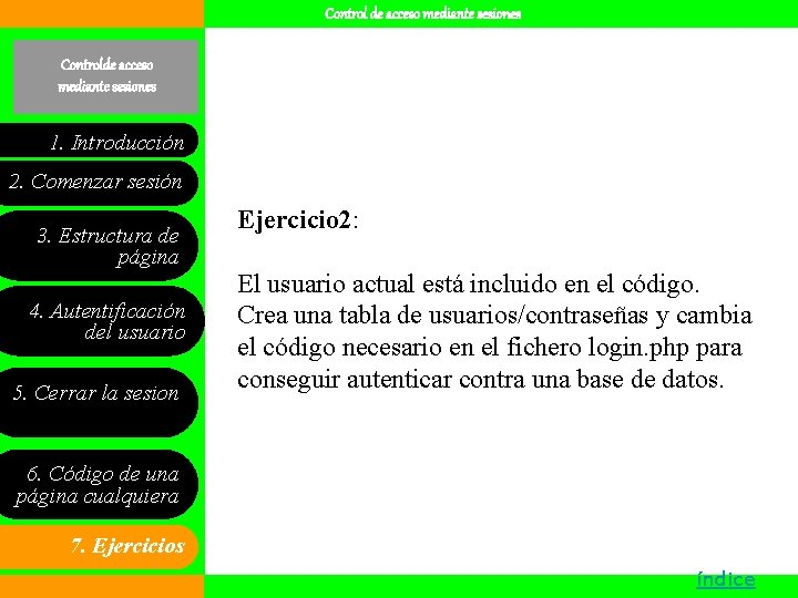 Control de acceso mediante sesiones Controlde acceso mediante sesiones 1. Introducción 2. Comenzar sesión