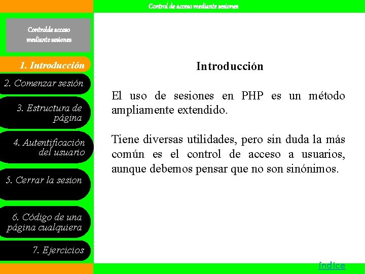 Control de acceso mediante sesiones Controlde acceso mediante sesiones 1. 1. Introducción 2. Comenzar