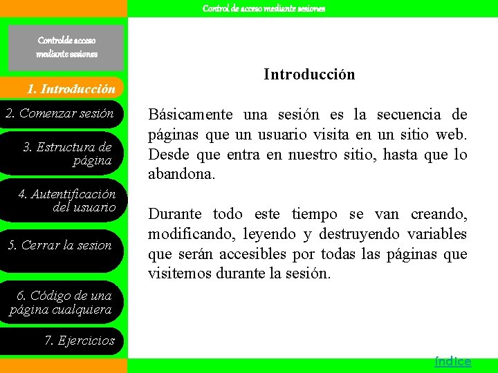 Control de acceso mediante sesiones Controlde acceso mediante sesiones 1. 1. Introducción 2. Comenzar