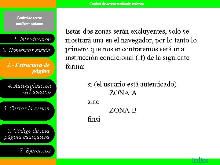 Control de acceso mediante sesiones Controlde acceso mediante sesiones 1. Introducción 2. Comenzar sesión