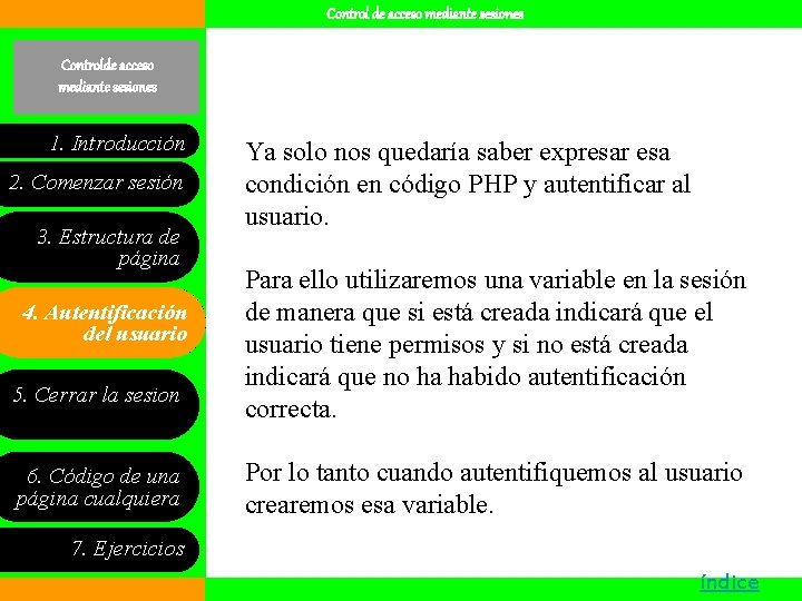 Control de acceso mediante sesiones Controlde acceso mediante sesiones 1. Introducción 2. Comenzar sesión