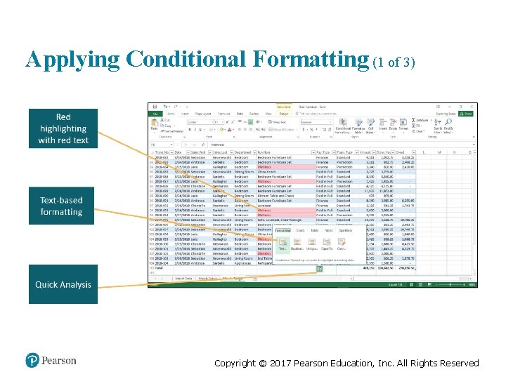 Applying Conditional Formatting (1 of 3) Copyright © 2017 Pearson Education, Inc. All Rights