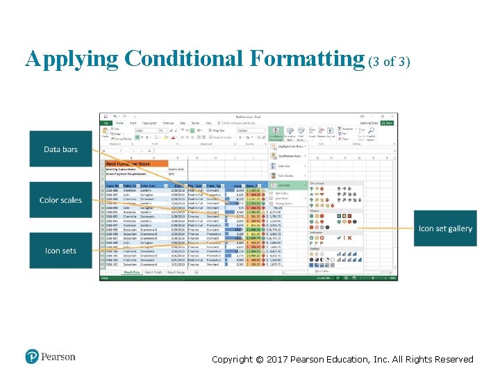 Applying Conditional Formatting (3 of 3) Copyright © 2017 Pearson Education, Inc. All Rights