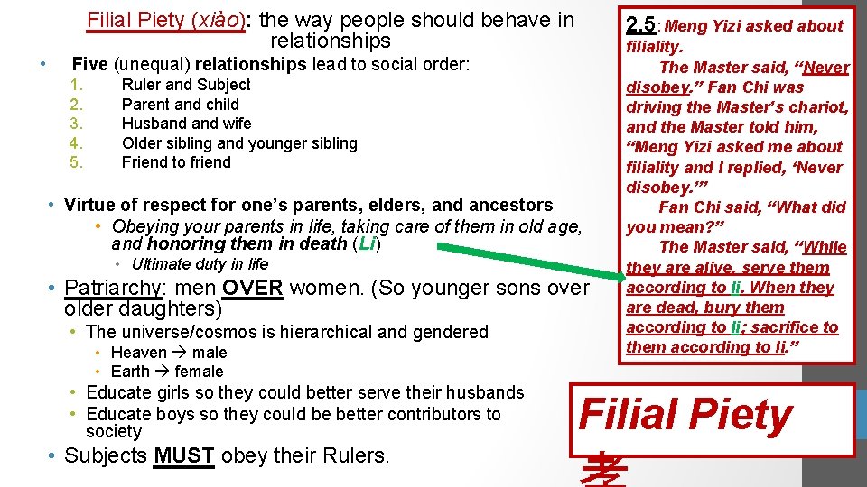 Filial Piety (xiào): the way people should behave in relationships • Five (unequal) relationships