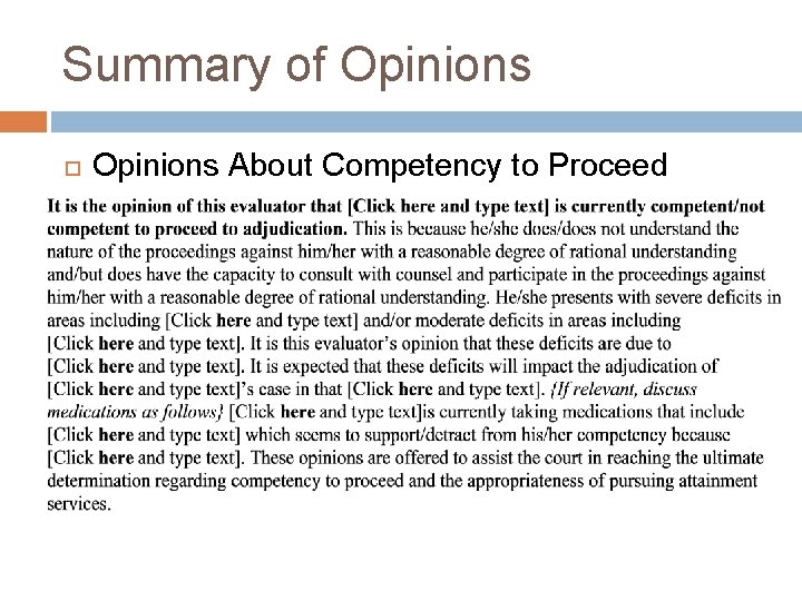 Summary of Opinions About Competency to Proceed 