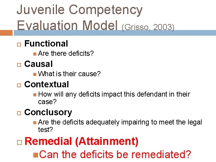 Juvenile Competency Evaluation Model (Grisso, 2003) Functional Are there deficits? Causal What is their