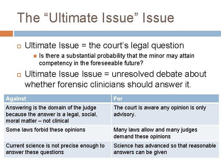 The “Ultimate Issue” Issue Ultimate Issue = the court’s legal question Is there a