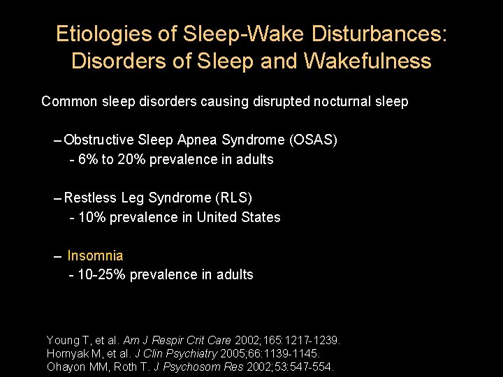 Etiologies of Sleep-Wake Disturbances: Disorders of Sleep and Wakefulness Common sleep disorders causing disrupted Etiologies of Sleep-Wake Disturbances: Disorders of Sleep and Wakefulness Common sleep disorders causing disrupted