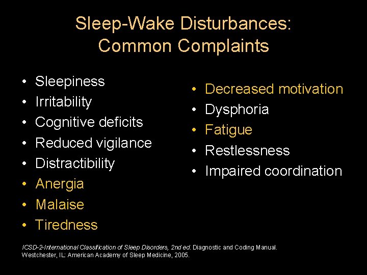 Sleep-Wake Disturbances: Common Complaints • • Sleepiness Irritability Cognitive deficits Reduced vigilance Distractibility Anergia Sleep-Wake Disturbances: Common Complaints • • Sleepiness Irritability Cognitive deficits Reduced vigilance Distractibility Anergia