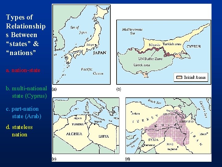 Types of Relationship s Between “states” & “nations” a. nation-state b. multi-national state (Cyprus)