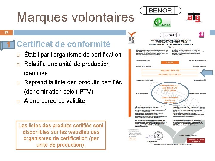 Marques volontaires 19 1 Certificat de conformité Établi par l’organisme de certification Relatif à