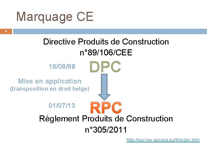 Marquage CE 4 Directive Produits de Construction n° 89/106/CEE 19/08/98 DPC Mise en application