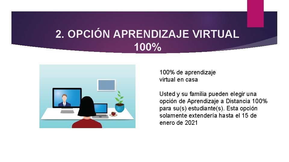 2. OPCIÓN APRENDIZAJE VIRTUAL 100% de aprendizaje virtual en casa Usted y su familia