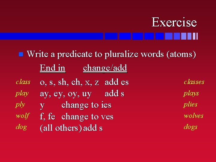 Exercise Write a predicate to pluralize words (atoms) End in change/add class o, s,