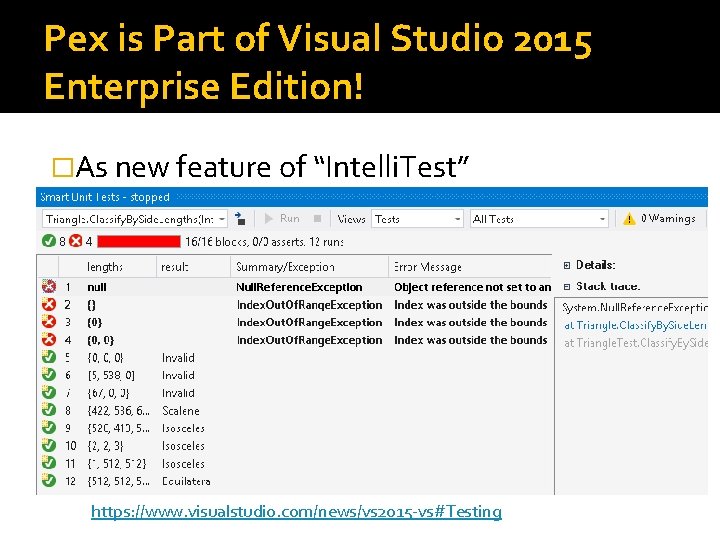 Pex is Part of Visual Studio 2015 Enterprise Edition! �As new feature of “Intelli.