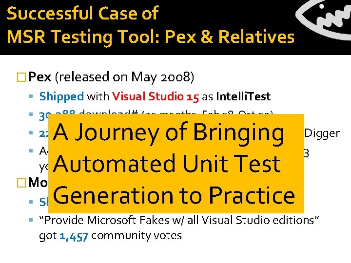 Successful Case of MSR Testing Tool: Pex & Relatives �Pex (released on May 2008)