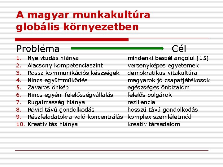 A magyar munkakultúra globális környezetben Probléma 1. 2. 3. 4. 5. 6. 7. 8.