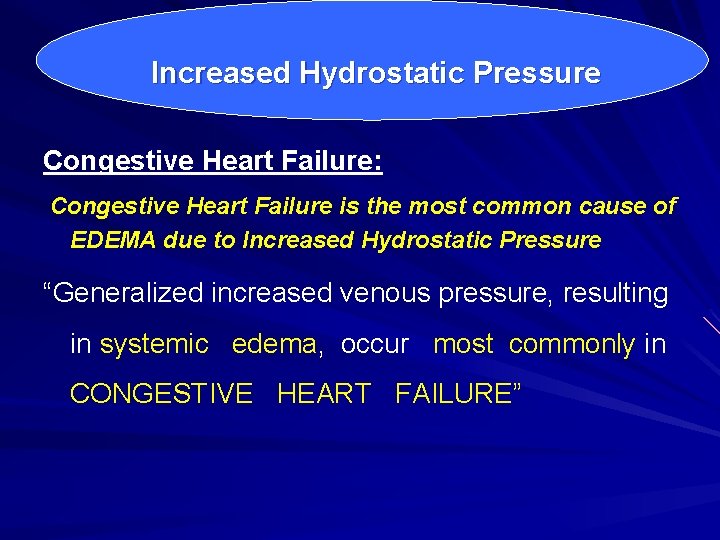 Increased Hydrostatic Pressure Congestive Heart Failure: Congestive Heart Failure is the most common cause Increased Hydrostatic Pressure Congestive Heart Failure: Congestive Heart Failure is the most common cause