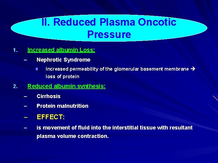 II. Reduced Plasma Oncotic Pressure Increased albumin Loss: 1. – Nephrotic Syndrome Increased permeability II. Reduced Plasma Oncotic Pressure Increased albumin Loss: 1. – Nephrotic Syndrome Increased permeability