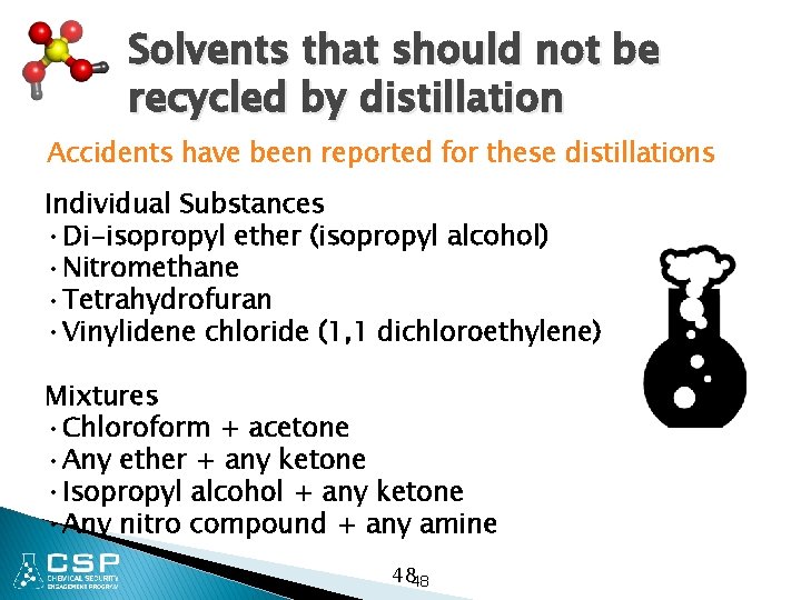 Solvents that should not be recycled by distillation Accidents have been reported for these