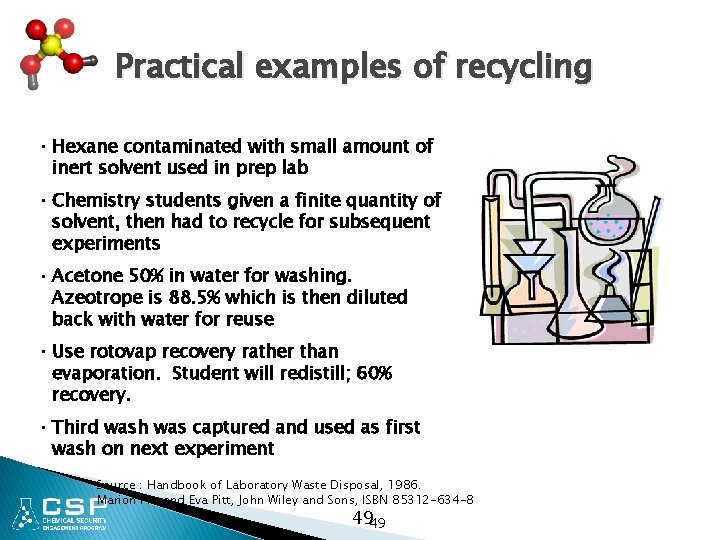 Practical examples of recycling • Hexane contaminated with small amount of inert solvent used