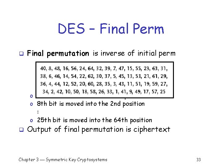 DES – Final Perm q Final permutation is inverse of initial perm o 40