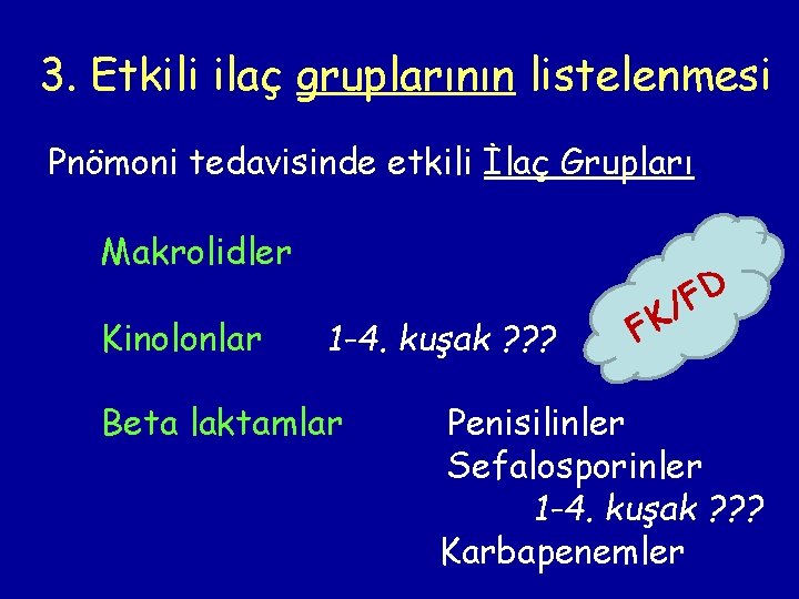 3. Etkili ilaç gruplarının listelenmesi Pnömoni tedavisinde etkili İlaç Grupları Makrolidler Kinolonlar 1 -4.