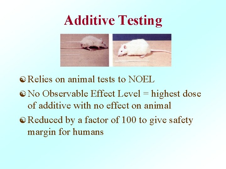Additive Testing [ Relies on animal tests to NOEL [ No Observable Effect Level