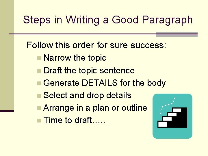 Steps in Writing a Good Paragraph Follow this order for sure success: n Narrow