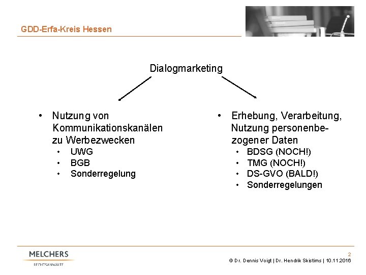 2 GDD-Erfa-Kreis Hessen Dialogmarketing • Nutzung von Kommunikationskanälen zu Werbezwecken • • • UWG