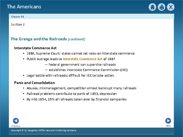 The Americans Chapter 14 Section-2 The Grange and the Railroads {continued} Interstate Commerce Act The Americans Chapter 14 Section-2 The Grange and the Railroads {continued} Interstate Commerce Act