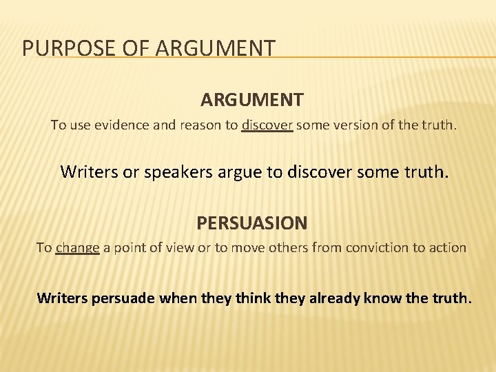 PURPOSE OF ARGUMENT To use evidence and reason to discover some version of the