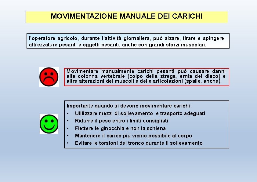 MOVIMENTAZIONE MANUALE DEI CARICHI l’operatore agricolo, durante l’attività giornaliera, può alzare, tirare e spingere