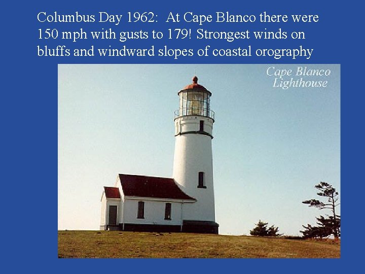 Columbus Day 1962: At Cape Blanco there were 150 mph with gusts to 179!