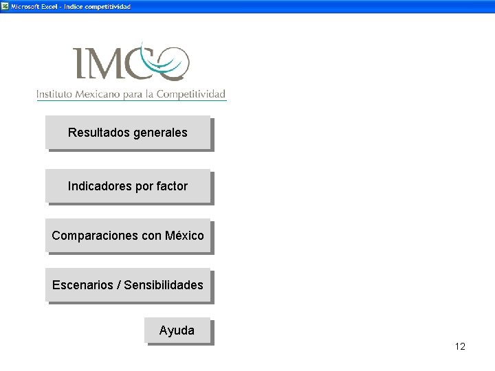 Resultados generales Indicadores por factor Comparaciones con México Escenarios / Sensibilidades Ayuda 12 