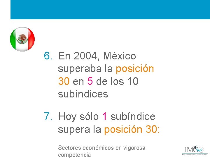 6. En 2004, México superaba la posición 30 en 5 de los 10 subíndices