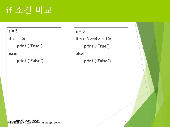 if 조건 비교 a=5 if a == 5: if a > 3 and a if 조건 비교 a=5 if a == 5: if a > 3 and a
