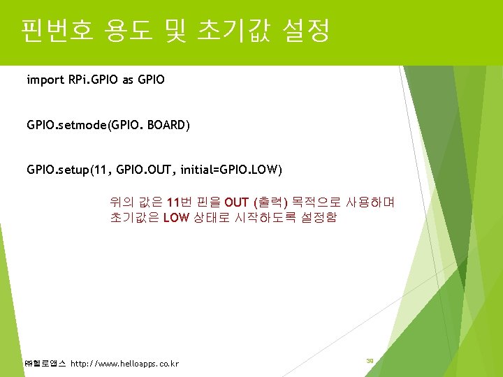 핀번호 용도 및 초기값 설정 import RPi. GPIO as GPIO. setmode(GPIO. BOARD) GPIO. setup(11, 핀번호 용도 및 초기값 설정 import RPi. GPIO as GPIO. setmode(GPIO. BOARD) GPIO. setup(11,